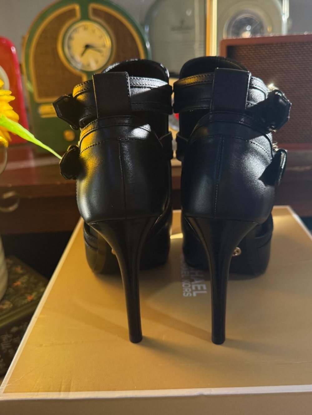 NWOT Michael Kors Blaze Open Toe Leather Booties |Black |Size 6 |Buckle Stiletto - Picture 4 of 7